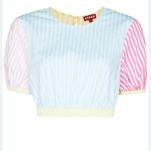 Staud Athena Multicolor Striped Rainbow Crop Short Sleeve Top Blouse Size XS